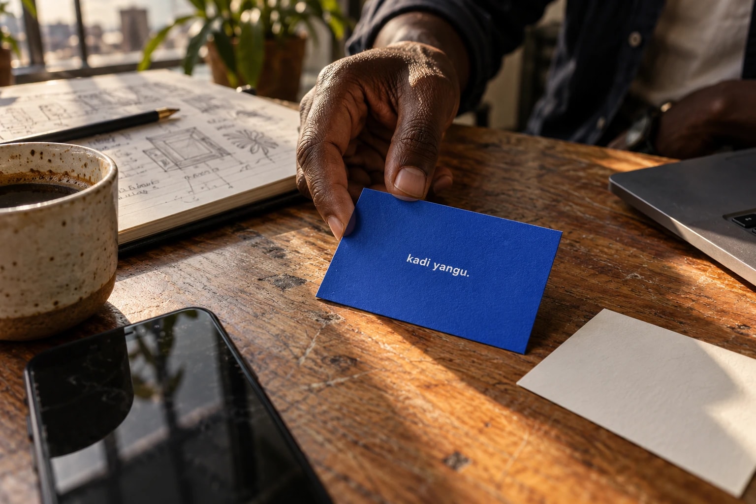 A cobalt Kadi Yangu card held over a studio worktable